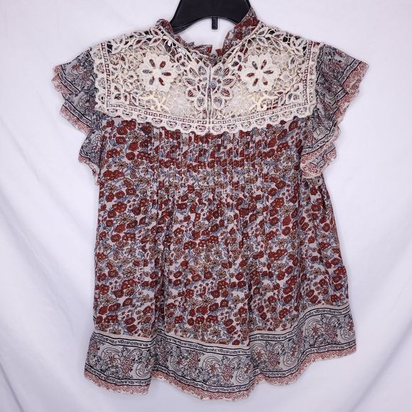 Othilia Anthropologie Malia Blouse Womens Medium Red Floral Lace Boho Peasant - Picture 5 of 11